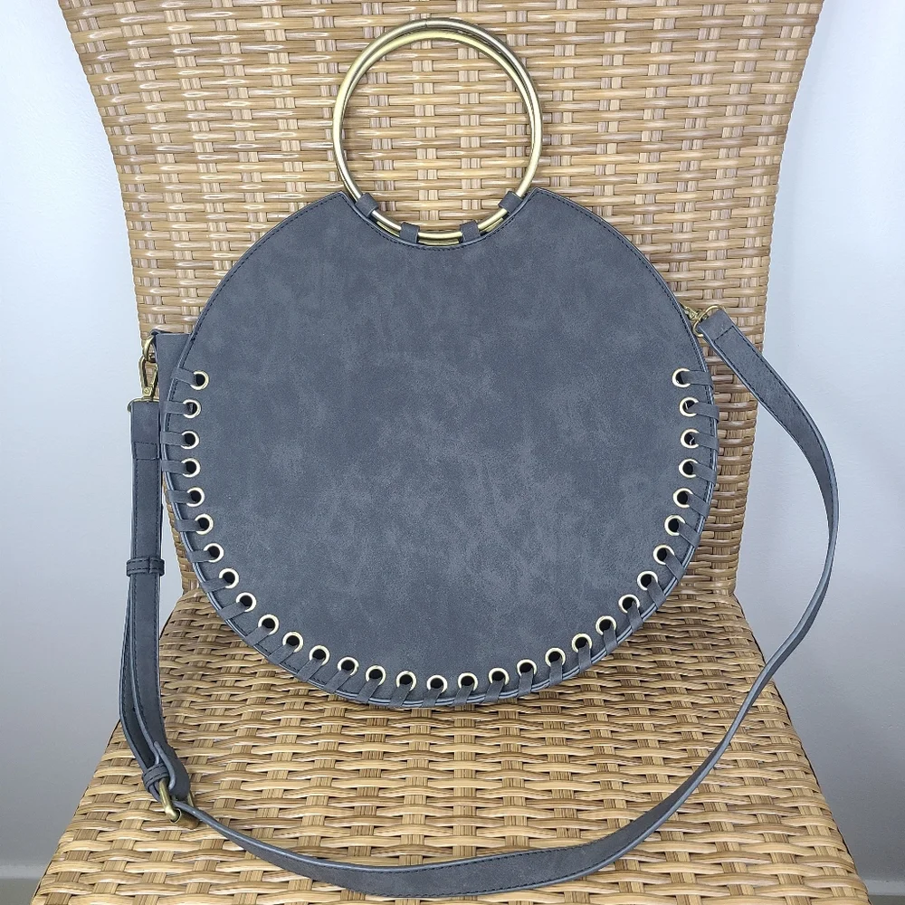Anthropologie Bag Marla Circle Whipstitched Gray Body Brass Hardware Boho Large - Picture 1 of 14